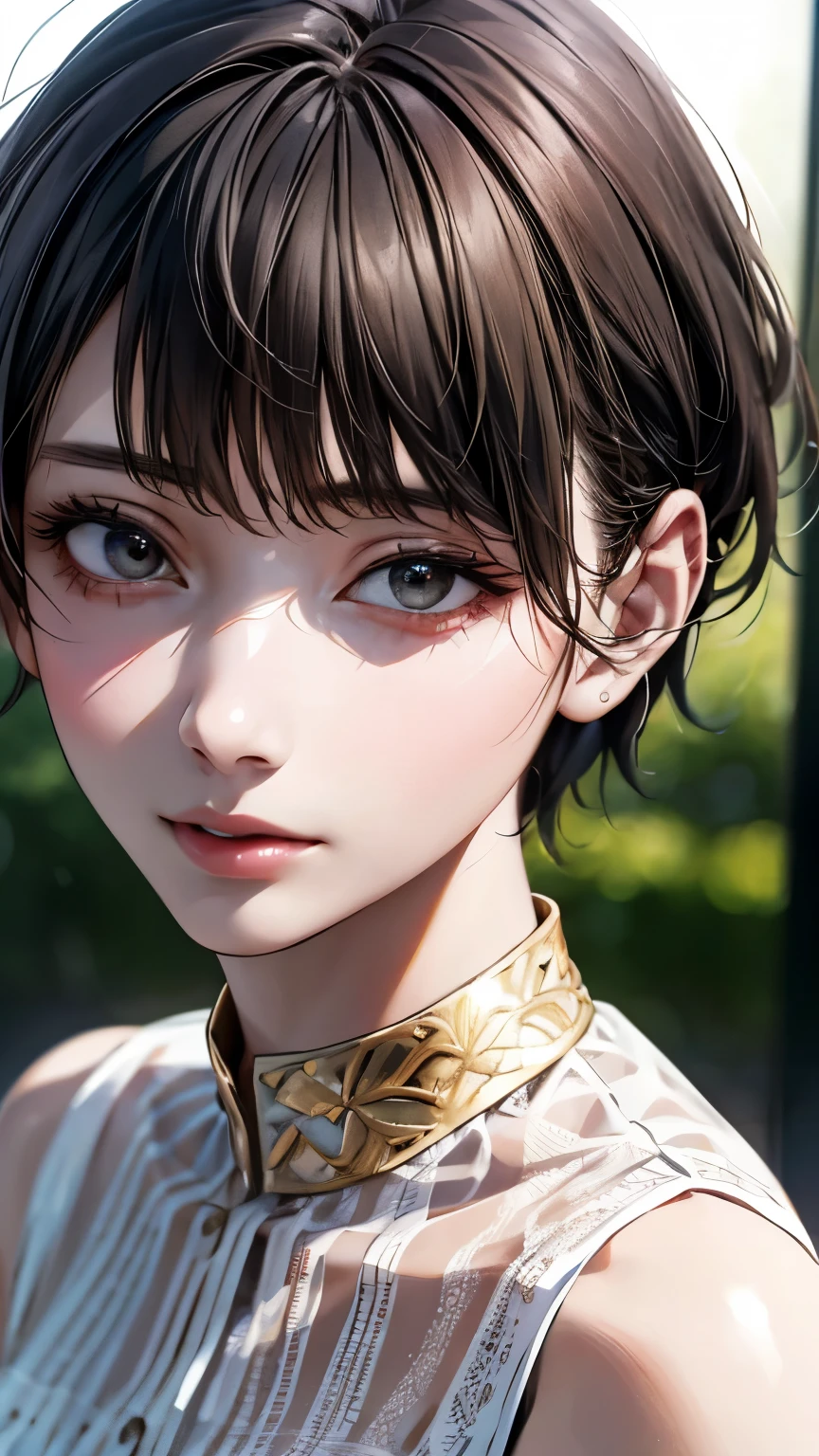 (highest quality、8k、32k、masterpiece)、(Realistic)、(Realistic:1.2)、(High resolution)、Very detailed、Very beautiful face and eyes、1 girl、Round and small face、(Droopy eyes:1.3), Tight waist、Delicate body、(close、highest quality、Attention to detail、Rich skin detail)、(highest quality、8k、Oil paint:1.2)、Very detailed、(Realistic、Realistic:1.37)、Bright colors