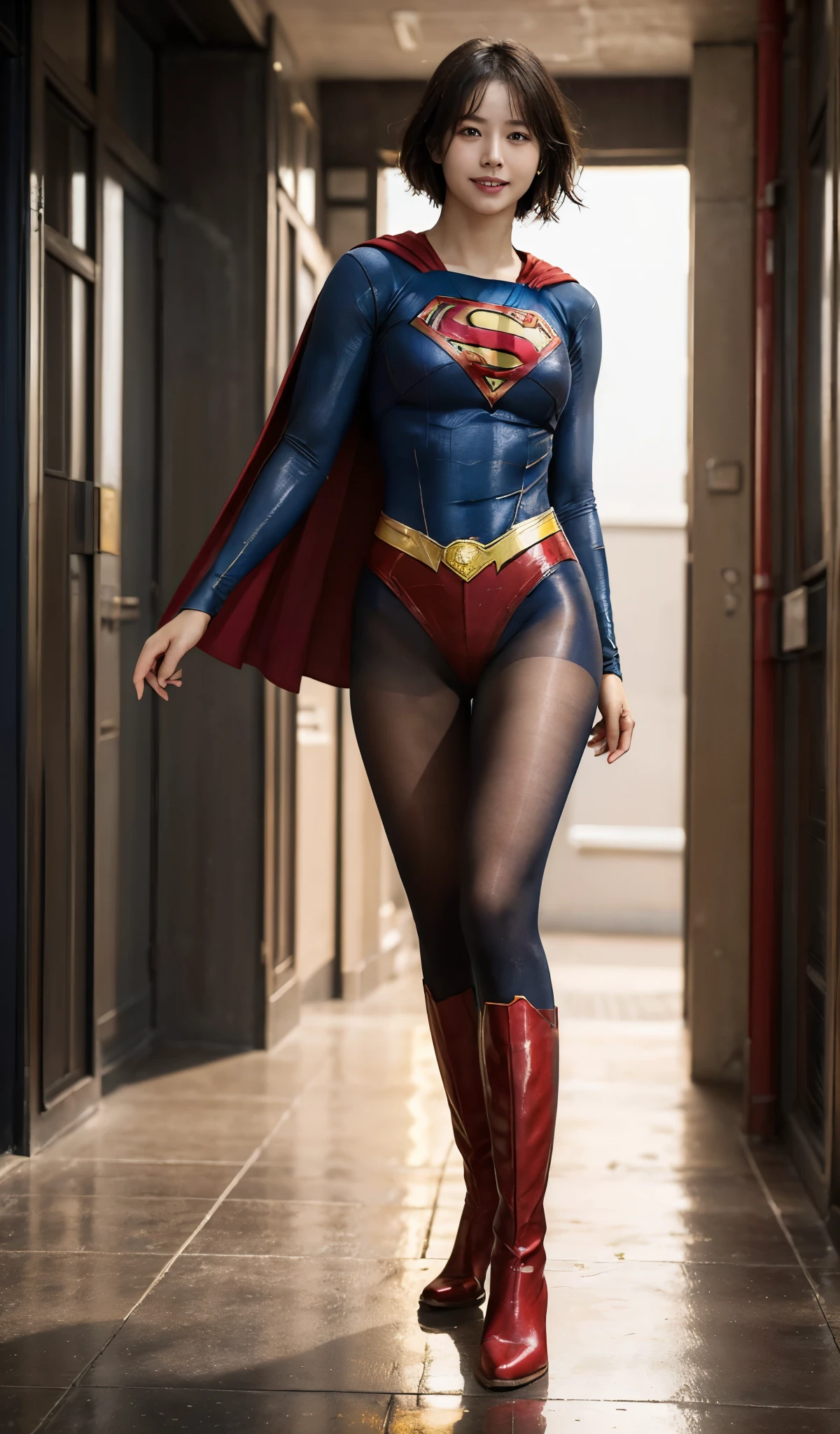 No background、(((Beautiful legs in black tights.)))、(((Legally express the beauty of your smile)))、((((Make the most of your original images)))、(((Supergirl Costume)))、(((Beautiful short bob hair)))、(((suffering)))、(((Please wear black tights....、Wear red boots)))、((Best image quality、8k))、((highest quality、8k、masterpiece:1.3))、(((Preserve background )))、Sharp focus:1.2、Beautiful woman with perfect figure:1.4、Slim Abs:1.2、Wet body:1.5、Highly detailed face and skin texture、8k