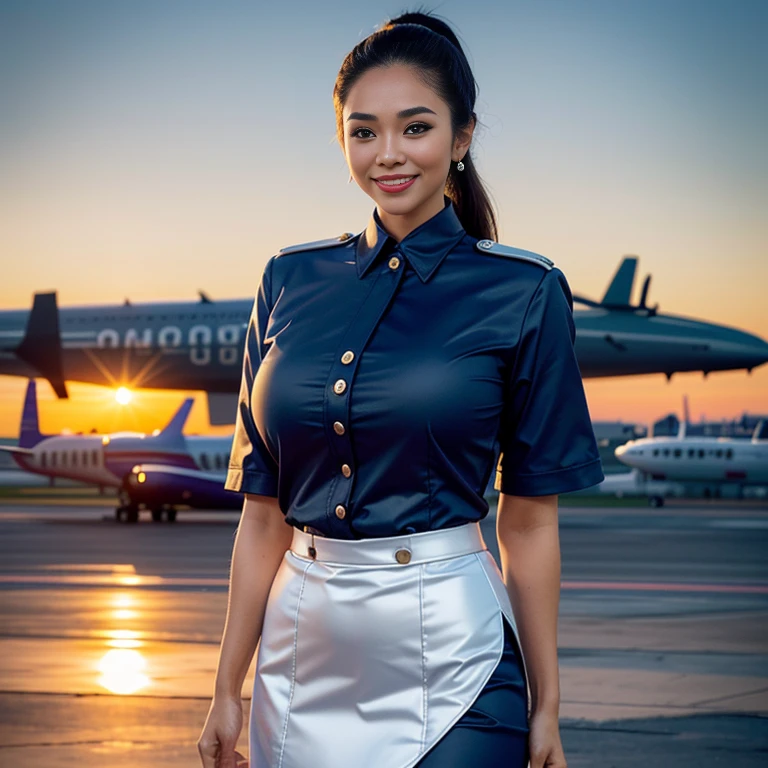 (Thai woman),(highponytail),(forehead),(Flight attendant uniforms:1.5),(short skirt),(enormous breasts:1.6),(slim waist:1.3),(smile:1.5),(sunset),　(aircraft runway in the background:1.5), (cowboy shot:1.4),8k, UHD,