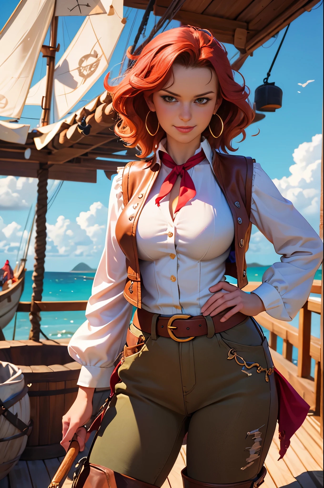 Female 17th century pirate, pirate captain, mid 30s woman, smirking, wavy shoulder length vivid red hair, red bandanna, large gold hoop earrings, puffy long sleeved white shirt, brown leather vest, belt, large square belt buckle, long brown pantaloons, worn leather boots, period dress, dirty clothes, holding a cutlass, dramatic pose, on deck aboard a pirate ship, caribbean island, painterly illustration, best quality, 8k, masterpiece, bright vivid colours, colourful, renatadaninsky