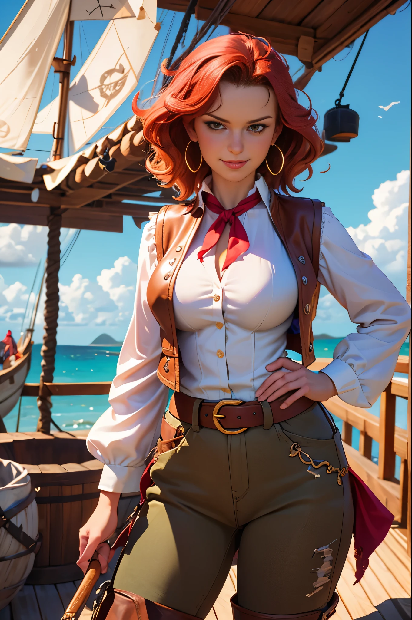 Pirate féminine du XVIIe siècle, capitaine pirate, femme d&#39;une trentaine d&#39;années, Souriant, cheveux roux vifs ondulés aux épaules, bandana rouge, grandes boucles d&#39;oreilles créoles dorées, chemise blanche bouffante à manches longues, gilet en cuir marron, ceinture, large square ceinture buckle, pantalons longs marron, bottes en cuir usées, robe d&#39;époque, vêtements sales, tenant un coutelas, pose dramatique, sur le pont d&#39;un bateau pirate, île des Caraïbes, illustration picturale, Meilleure qualité, 8k, chef-d&#39;œuvre, couleurs vives et vives, coloré, renatadaninsky