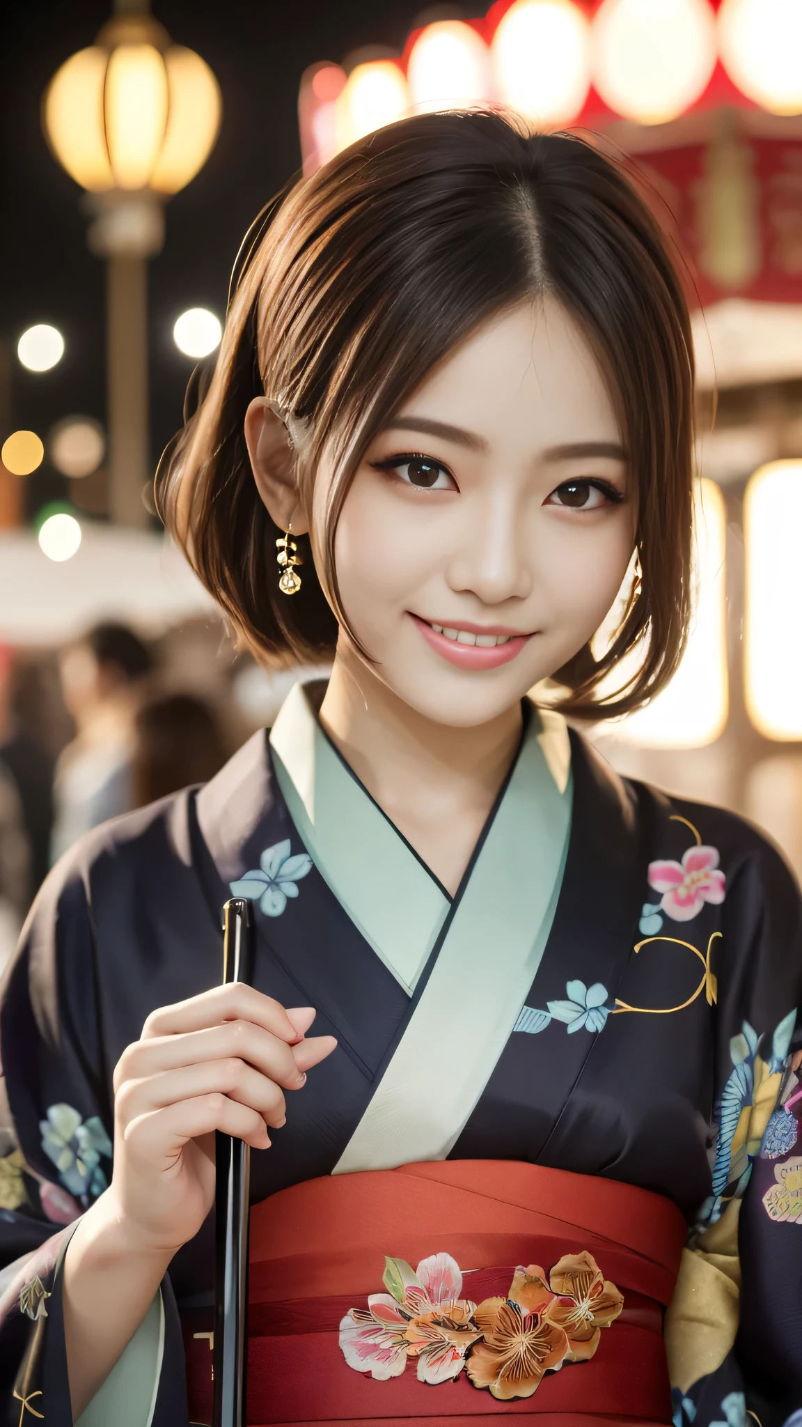 Looking at the camera,(((highest quality, 8k, masterpiece))), Sharp focus, (Beautiful woman with perfect figure), thin, (Hairstyle: superior)), ((kimono: Cane)), street: 1.2 Highly detailed face and skin texture Detailed eyes Double eyelid Random pose, (smile),ssuperiorer cute Japan person,ssuperiorer beauty Japanese girl, Realistic Face, double eyelid,smile,Summer festival , At sunset , Beautiful Teeth , Fireworks Background.