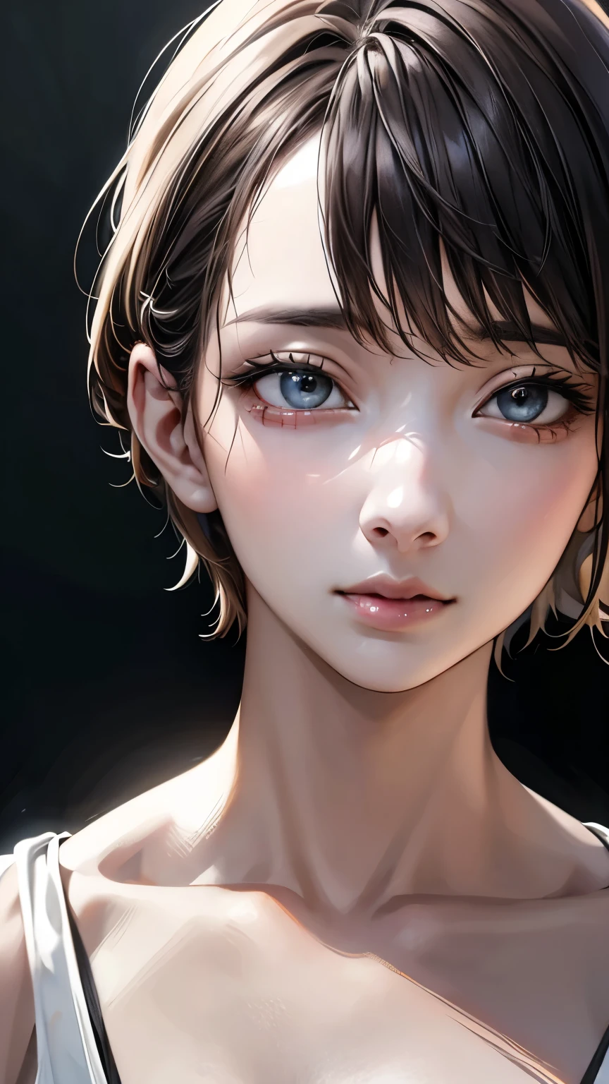 (highest quality、8k、32k、masterpiece)、(Realistic)、(Realistic:1.2)、(High resolution)、Very detailed、Very beautiful face and eyes、1 girl、Round and small face、(Droopy eyes:1.3), Tight waist、Delicate body、(close、highest quality、Attention to detail、Rich skin detail)、(highest quality、8k、Oil paint:1.2)、Very detailed、(Realistic、Realistic:1.37)、Bright colors