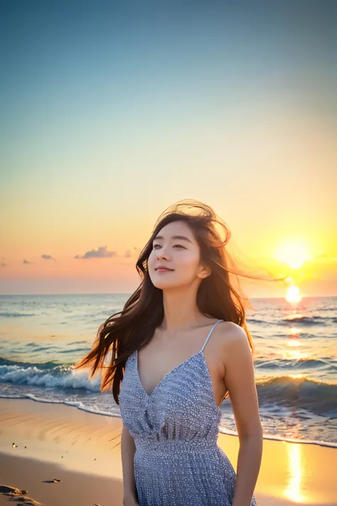 25 year old girl, Dreaming on the beach, Sunburned skin, Long Wavy Hair, Casual summer sundresses, Lost in Thought, Gazing at th...