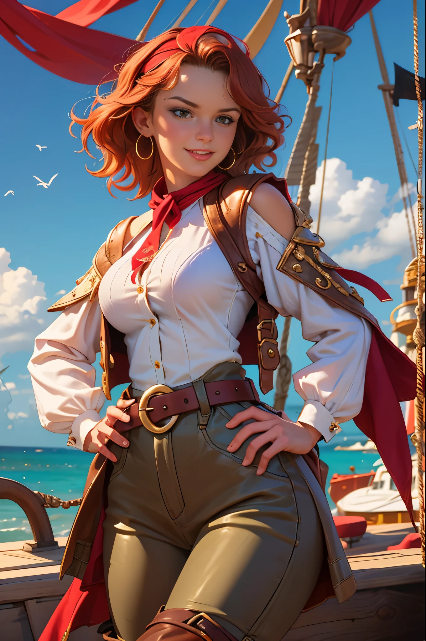 Female 17th century pirate, pirate captain, mid 30s woman, smirking, wavy shoulder length vivid red hair, red bandanna, large gold hoop earrings, puffy long sleeved white shirt, brown leather vest, belt, large square belt buckle, long brown pantaloons, worn leather boots, period dress, dirty clothes, holding a cutlass, dramatic pose, on deck aboard a pirate ship, caribbean island, painterly illustration, best quality, 8k, masterpiece, bright vivid colours, colourful, renatadaninsky