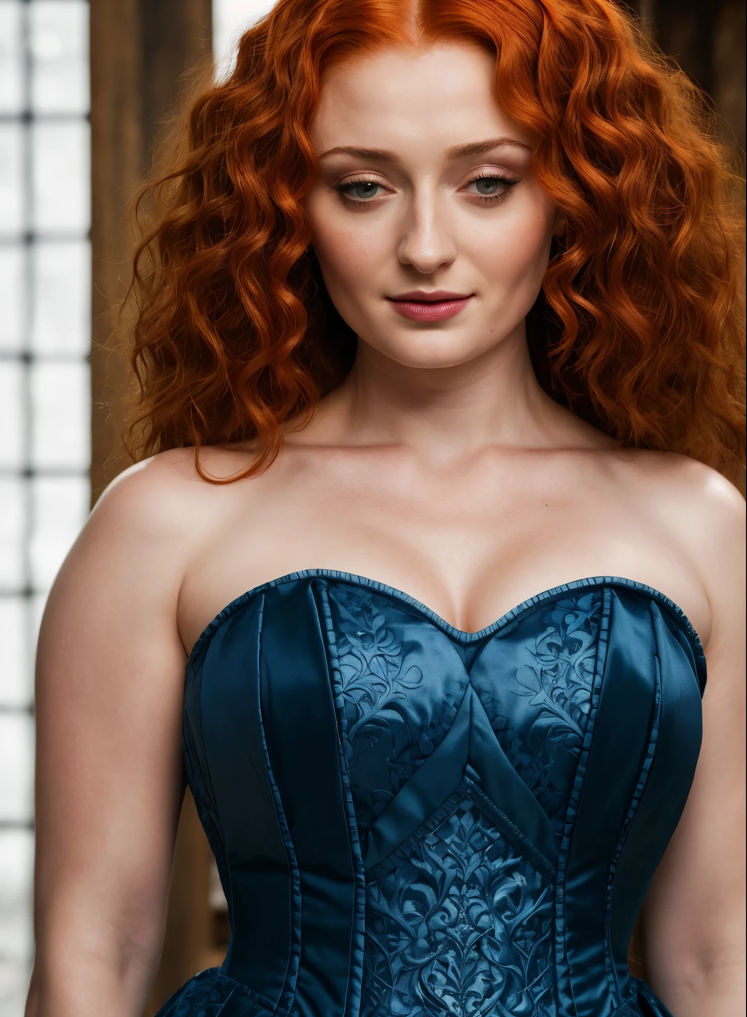 Face of Sophie Turner, Sansa Stark played by Sophie Turner, the de facto Lady of the Eyrie, is a 40-year-old mature queen with a stunning, alluring appearance. Full Face, pierced eyes, reddish lips, upper body shot, erotic Mediaeval costumes, game of thrones costumes, She wears a Game of Thrones-inspired costume and has a deep cleavage, a perfect thick body, and a perfect thick figure. The photograph captures her in a close-up, with her skin texture and facial features being ultra-realistic and realistic. Juicy thick figure, high quality skin, Skin pores, amazing details, 