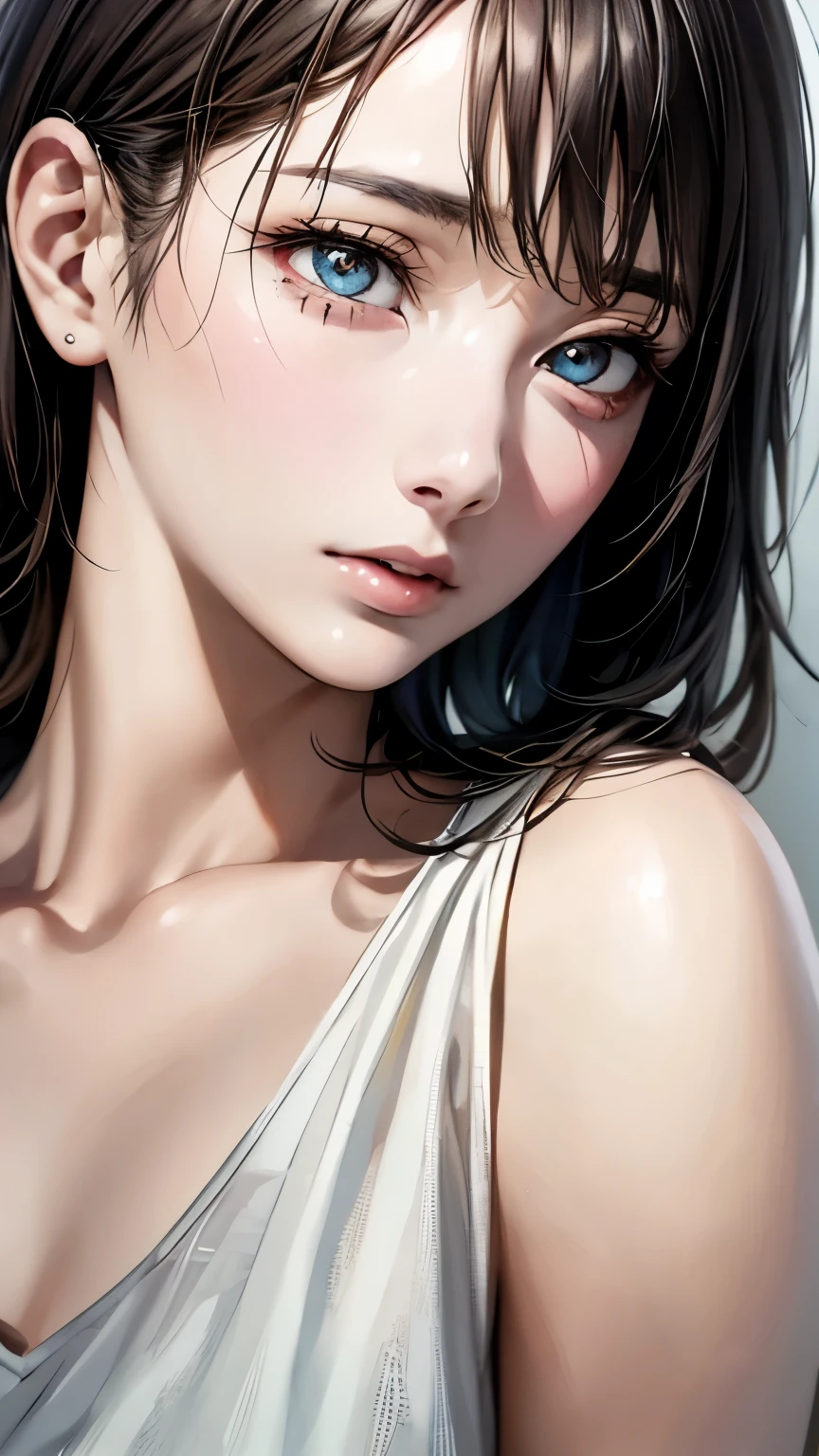 (highest quality、8k、32k、masterpiece)、(Realistic)、(Realistic:1.2)、(High resolution)、Very detailed、Very beautiful face and eyes、1 girl、Round and small face、(Droopy eyes:1.3), Tight waist、Delicate body、(close、highest quality、Attention to detail、Rich skin detail)、(highest quality、8k、Oil paint:1.2)、Very detailed、(Realistic、Realistic:1.37)、Bright colors