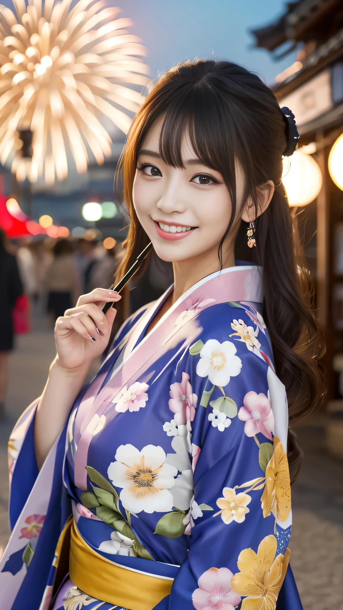 Looking at the camera,(((highest quality, 8k, masterpiece))), Sharp focus, (Beautiful woman with perfect figure), thin, (Hairstyle: superior)), ((kimono: Cane)), street: 1.2 Highly detailed face and skin texture Detailed eyes Double eyelid Random pose, (smile),ssuperiorer cute Japan person,ssuperiorer beauty Japanese girl, Realistic Face, double eyelid,smile,Summer festival , At sunset , Beautiful Teeth , Fireworks Background.