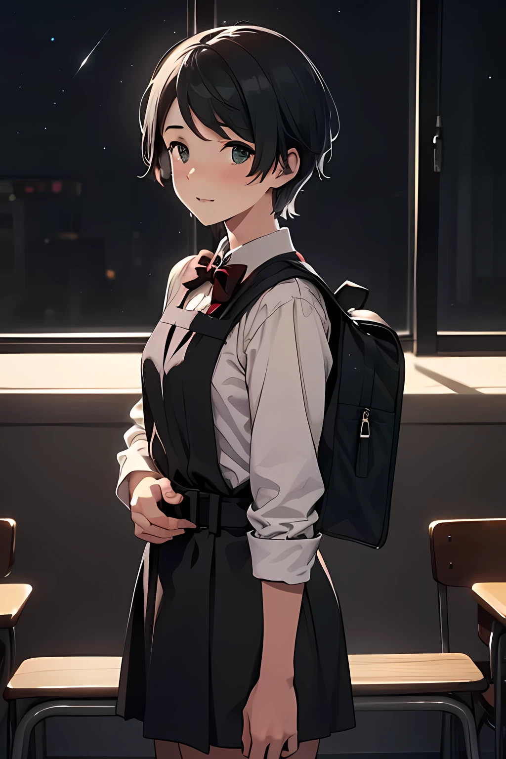 ((masterpiece,best quality)), highres, extremely detailed 8K wallpaper, depth_of_field, best shadow, (Colorful),(Delicate eyes and face), Perfect hands, (no lighting), Ray tracing, BREAK
(1girl), mogami \(kancolle\), black hair, short hair, black eyes / green eyes, swept bangs, (full-face blush), slender, skinny, best smile, parted lips, BREAK,
standing, perfect hands, BPD,((black pinafore dress)),long skirt,red bowtie,belt, school bag, BREAK,
Cowboy Shots and knee, school, classroom, (((night time))), ((dark backgrounds:1.2)),