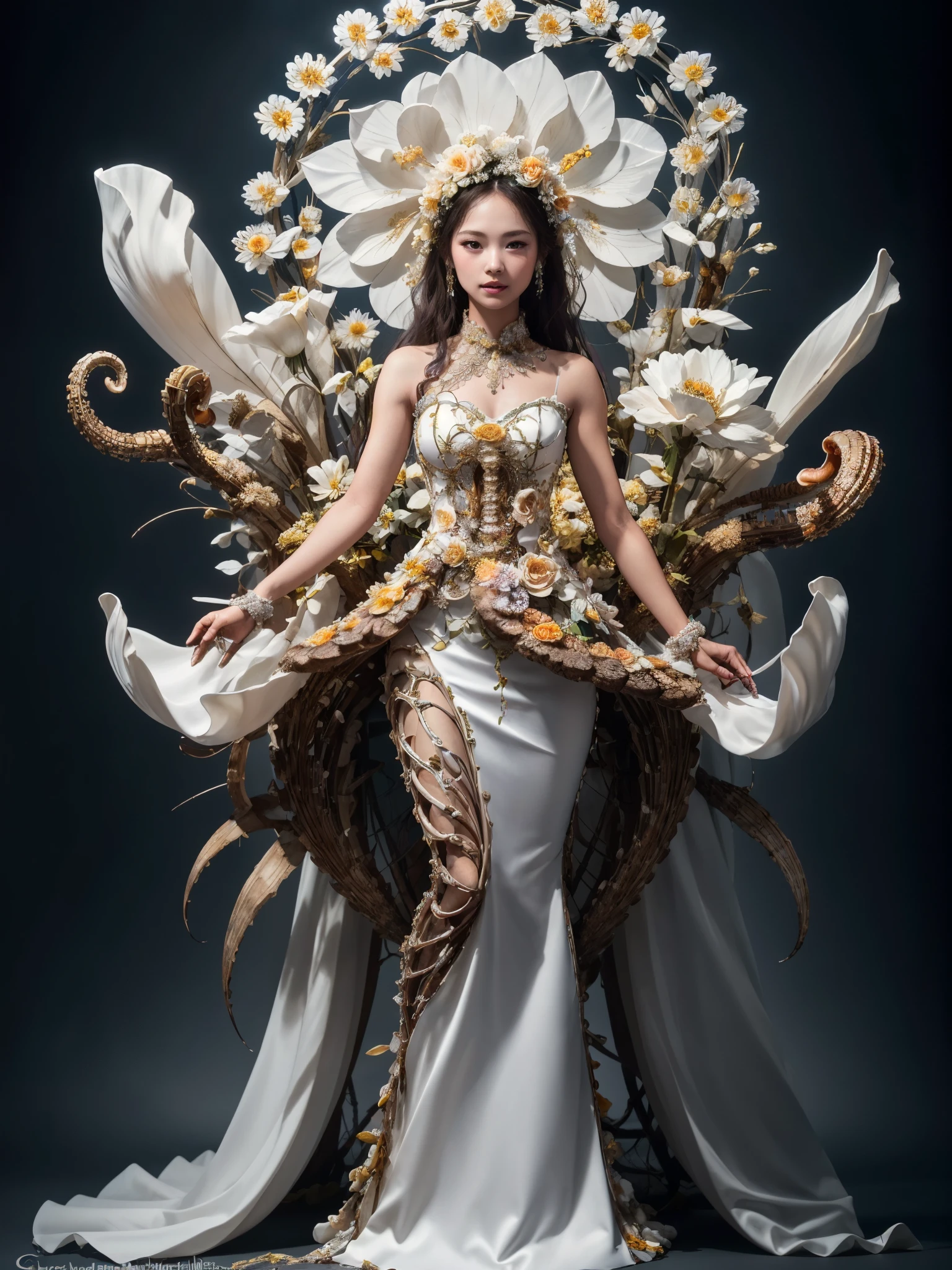 intricate nautilus shell like machine, 1girl, super details intricate machine, biomechanical nautilus shell, glass art, detailed face, white dress, standing, large flower, wedding dress, clothes made from flower, intricate dress, hungry ghost festival, flower dress, flower goddess, glowing flowers, 