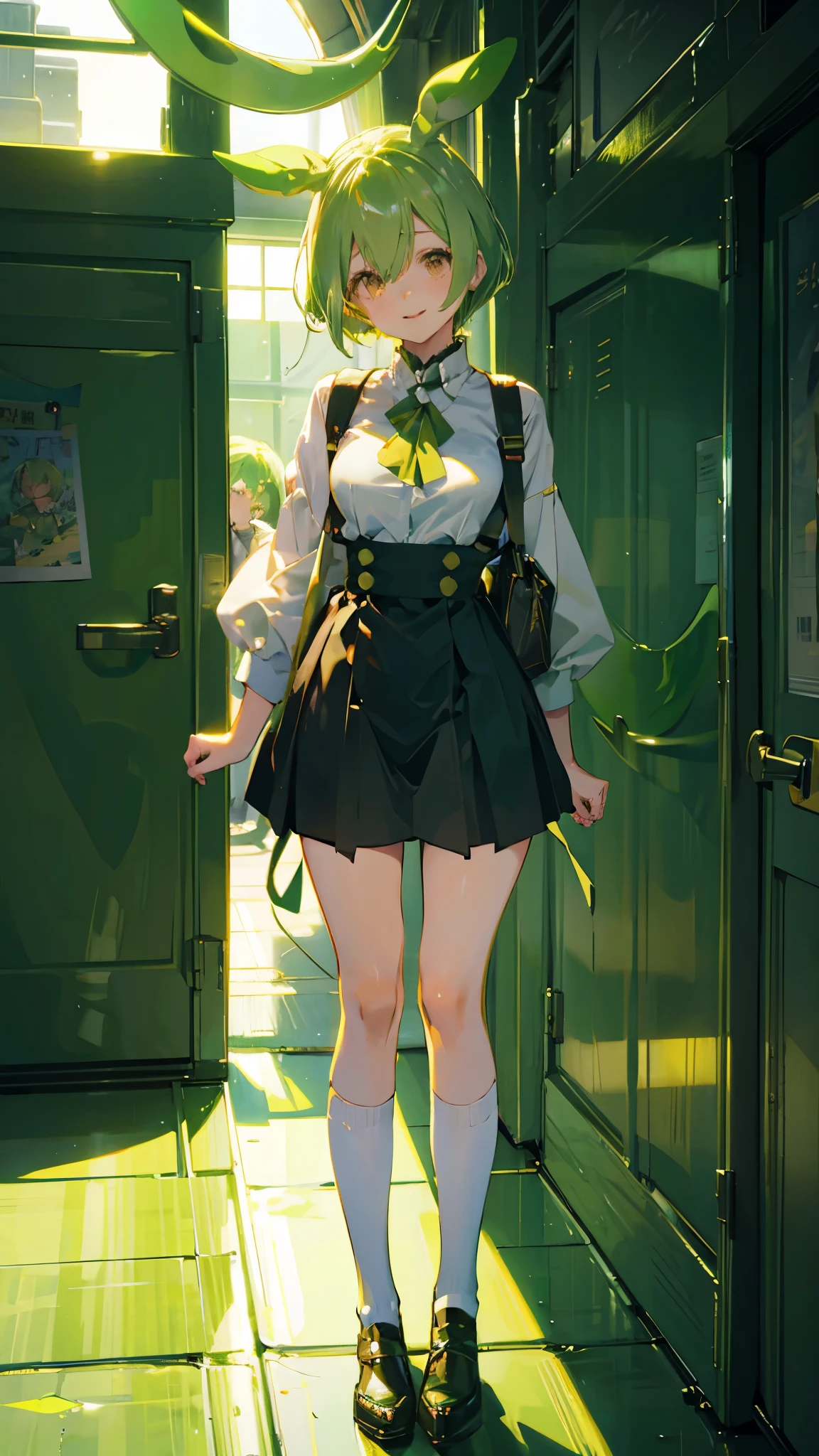 Beautiful girl，Yellow-green hair，Beaver、short hair、Gently droopy eyes，Big ample breasts、uniform，Manga Style，Full Color，high school girl，A calm and kind face，Big smile、An innocent smile