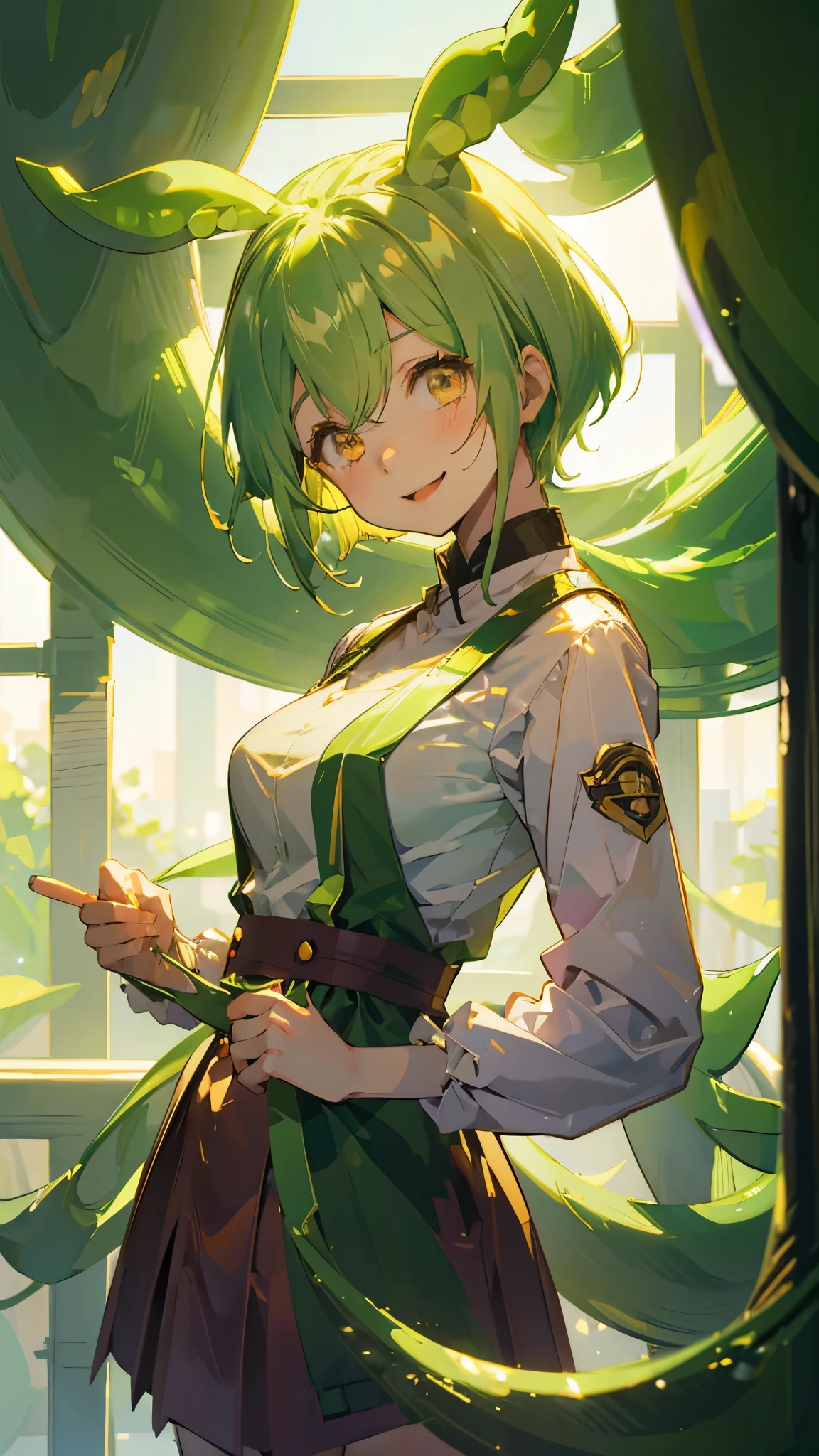 Belle fille，Cheveux jaune-vert，castor、Cheveux courts、Yeux légèrement tombants，Gros seins amples、uniforme，Style manga，en couleur，lycéenne，Un visage calme et gentil，Grand sourire、Un sourire innocent