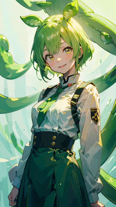 beautiful girl，yellow-green hair，beaver、short hair、gently droopy eyes，upper body close-up、uniform，manga style，full color，high sc...