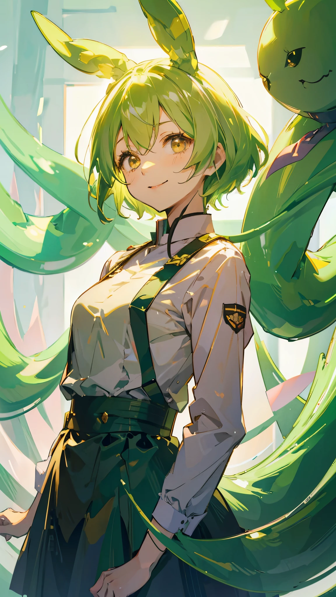 Beautiful girl，Yellow-green hair，Beaver、short hair、Gently droopy eyes，Upper body close-up、uniform，Manga Style，Full Color，high school girl，A calm and kind face，Big smile、An innocent smile