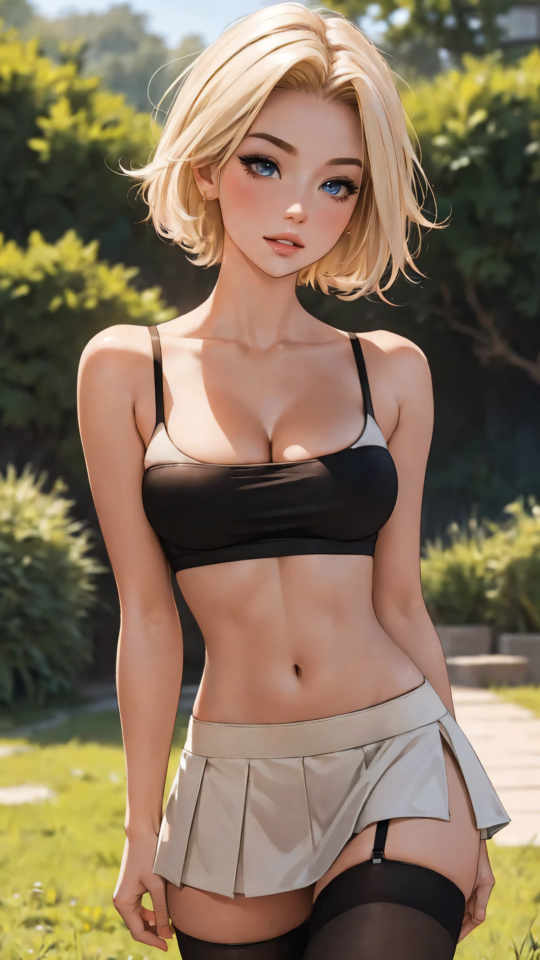 Highest Quality, ​masterpiece, beautifully detailed eyes,, short Blonde Hair, Gradient Hair, pink highlights in hair, large breasts, standing, makeup, glossy lips, full lips, (natural lighting), grass, tanktop, thong straps, light smile, midriff, collarbone, thigh highs, miniskirt, cleavage