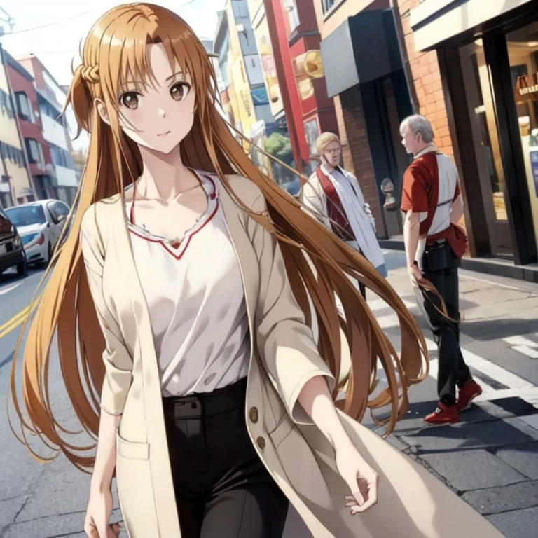 ((highest quality)), ((masterpiece)), (detailed), Perfect Face、Yuuki Asuna、（The woman is a brown-haired Japanese）、（The woman talks to the white man and gets picked up.）、A woman is picked up by a white man in the street、((A white man with a good physique and a strong body))、The woman is dressed casually、Man dressed casually、White man approaches woman