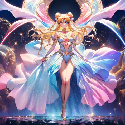 sailor moon basks in a cascading aura of mystical enchantment, radiating vibrant waves of magical energy. she gracefully utters ...