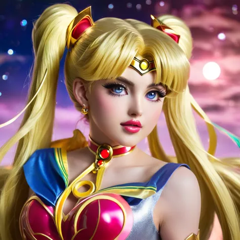 sailor moon basks in a cascading aura of mystical enchantment, radiating vibrant waves of magical energy. she gracefully utters ...