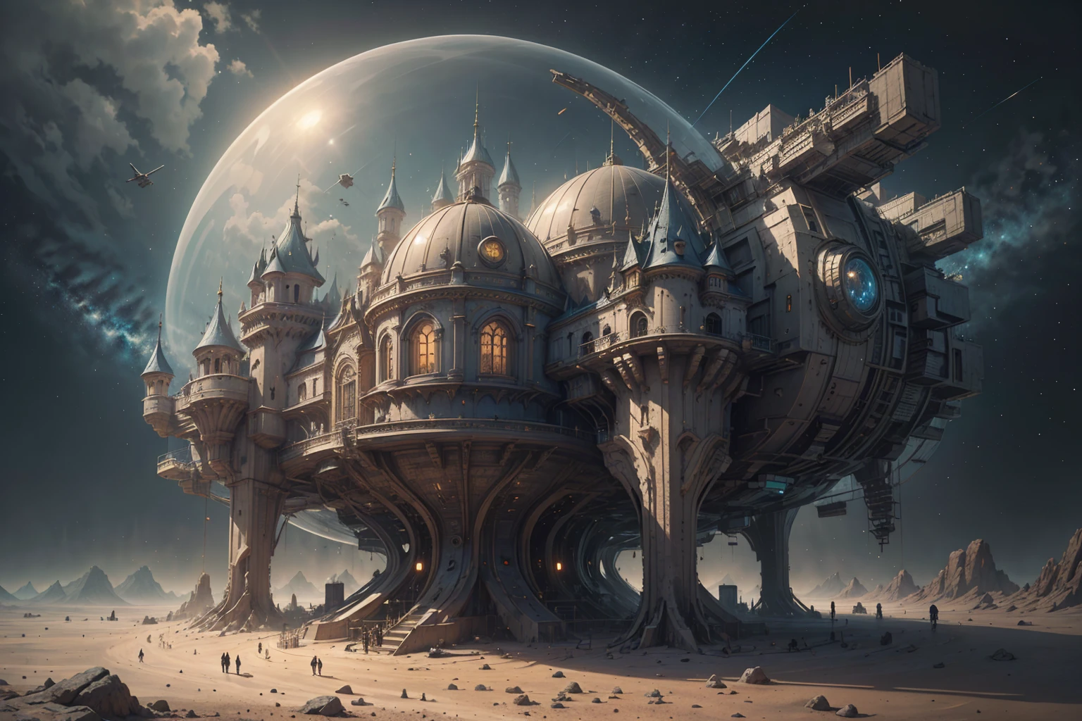 best quality, intricate details, (((castle)) under a dome built on a spaceship) landed on mars, steampunkai, backround, space, stars