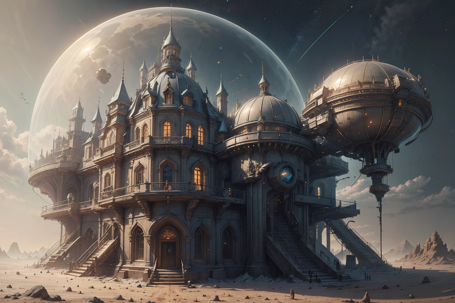 best quality, intricate details, castle under a dome built on a spaceship landed on mars, steampunkai, backround, space, stars