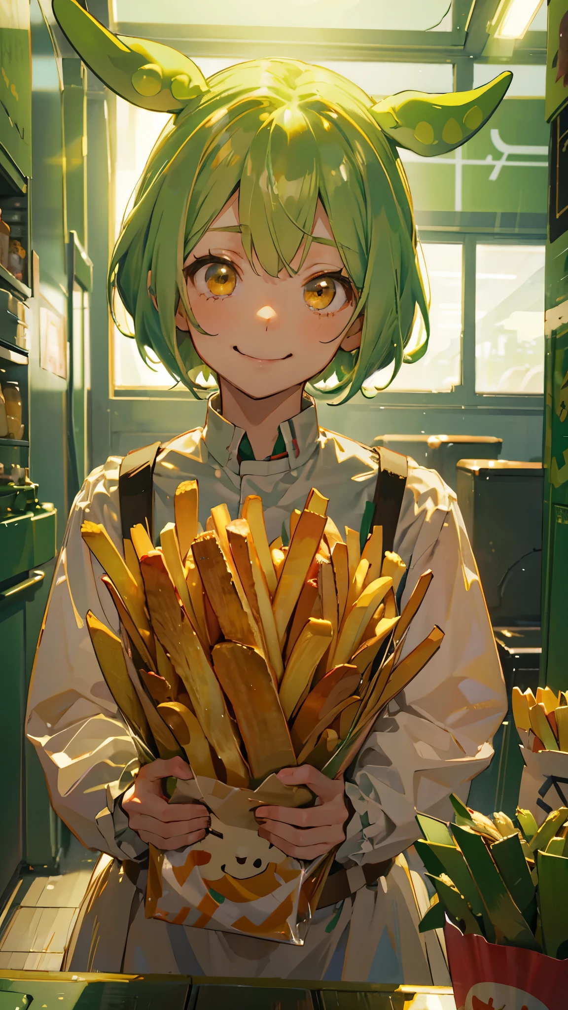 beautiful girl，Yellow-green hair，Beaver、short hair、Gentle droopy eyes，Upper body close-up、uniform，Manga Style，Full Color，high school girl，A calm and kind face，Big smile、An innocent smile、Eating French Fries、delicious