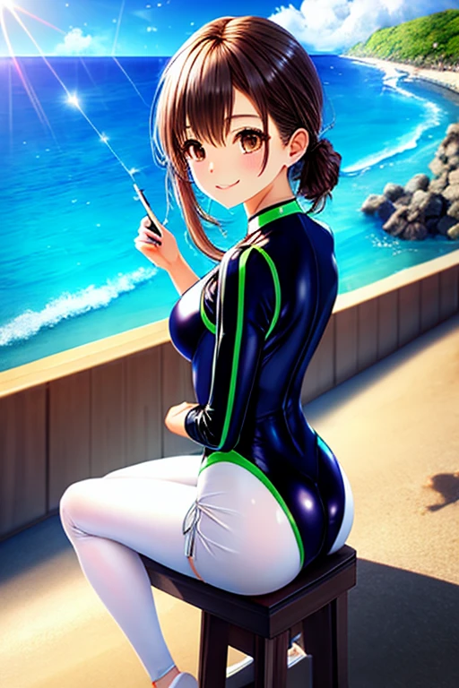 masterpiece, highest quality, upper_Mikoto, Brown eyes, View your viewers, alone, Small breasts, upper半身, (Swimwear), Beach, Outdoor, , smile, close_mouth, ((Crossing your legs)), ((Are standing)), Abusing lens flares,  One-piece suit, Bodysuits, Shiny clothes, thick, One Girl, One girl, white Swimwear, pantyhose, Butt pose, Butt pose, Back pose, Nice ass, latex