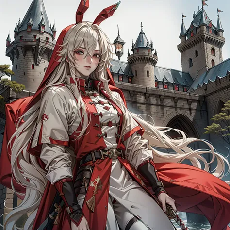 1 long-haired albino male knight, wearing red hood、wearing heavy armor and carrying a long sword、with the old castle in the back...