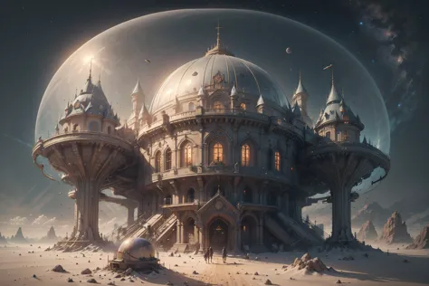 best quality, intricate details, (((castle)) under a large dome built on a spaceship) landed on mars, steampunkai, backround, sp...