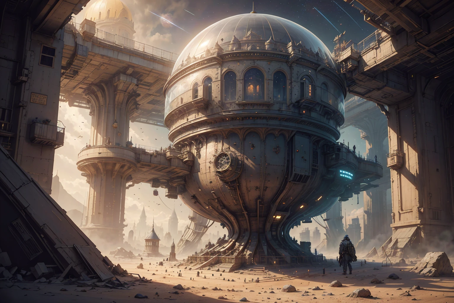 best quality, intricate details, (((castle)) under a large dome built on a spaceship) landed on mars, steampunkai, backround, space, stars