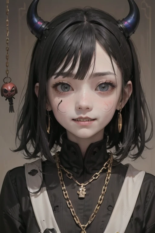 (masterpiece: 1.2, highest quality),((Sunburned skin))、 nightmare, Doll-like face, Horror elements 、Unique atmosphere、Colorful devil clown, Japanese painting, Creepy Appearance, Characteristic hairstyle,（Colorful hair colors）、Collar with chain、National costume
