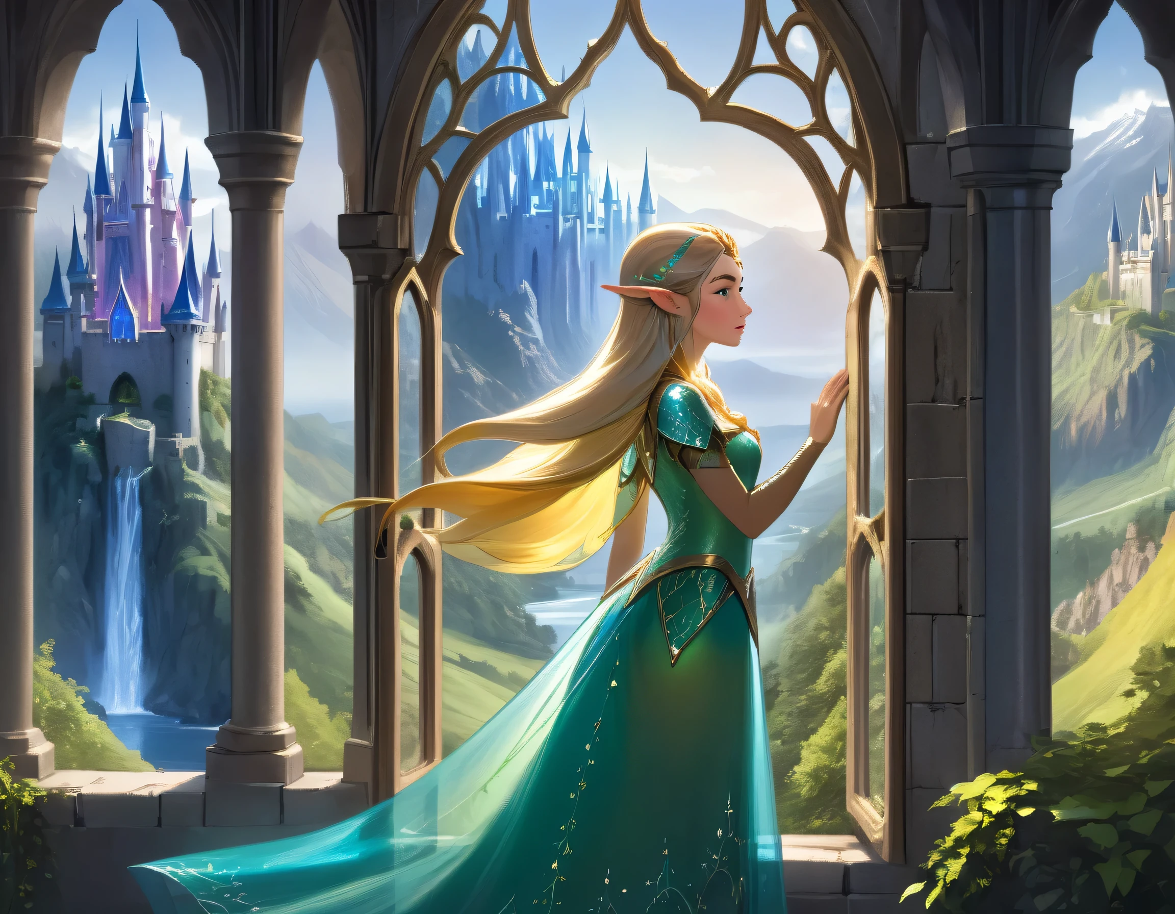 art fantastique, Art du RPG, une princesse regardant par sa fenêtre un château magique, une belle princesse elfique regardant par sa fenêtre pour voir un château magique, un château impressionnant et détaillé, avec des tours, des ponts, un fossé, debout au sommet d&#39;une montagne colouredglazecd_XL