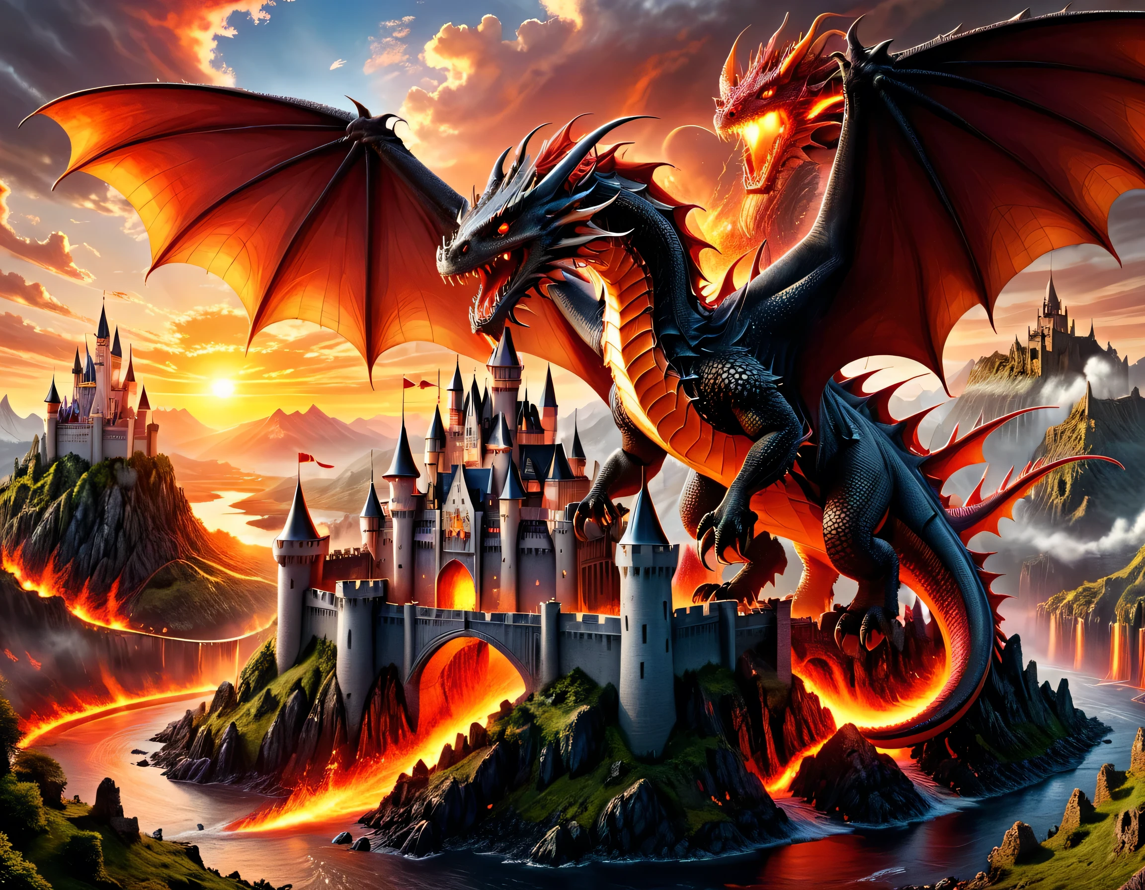 a panoramic award winning photography, Photorealistic, extremely detailed of a (castle: 1.4) being attacked by a dragon, an impressive best detailed castle,  with towers, bridges, a moat filled with lava, standing on top of a mountain, the red dragon flying near the castle threatening it, the sun sets on the castle, , masterpiece, best quality, (extremely detailed), ultra wide shot, photorealism, depth of field, faize