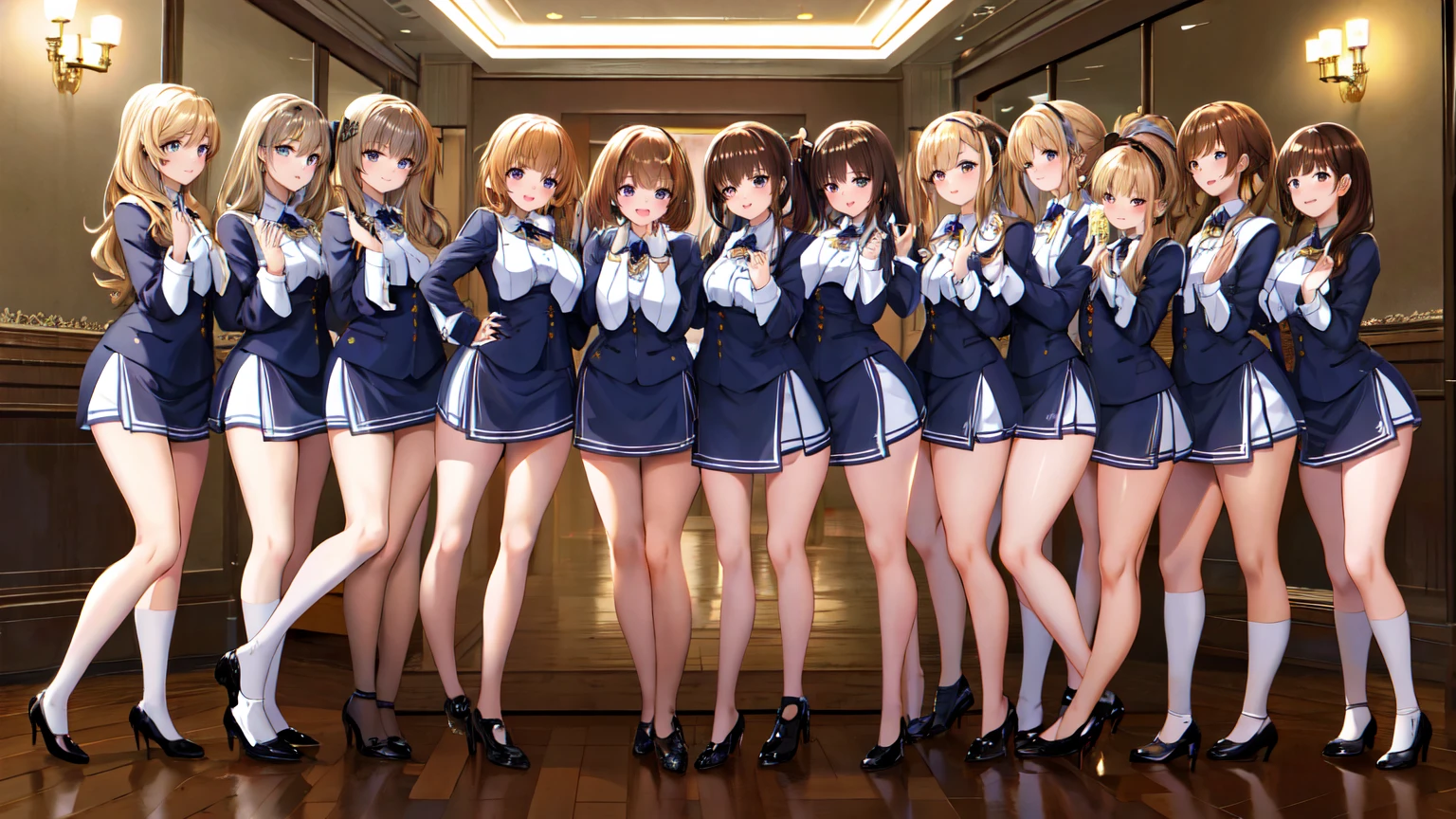 masterpiece, highest quality, High resolution, 10+girl, crowd, Identical sister, clone, An orderly line of sisters, An orderly line of sisters, Sisters standing in a line, uniform, Matching outfits, Long Hair, Curly Hair, ponytail, Matching hairstyle, Hazel Eyes, Brown Hair, Black tie, Blue ribbon, Brown Skirt, salute, smile, indoor, Group shot, whole body, Panty shot, Black high heels