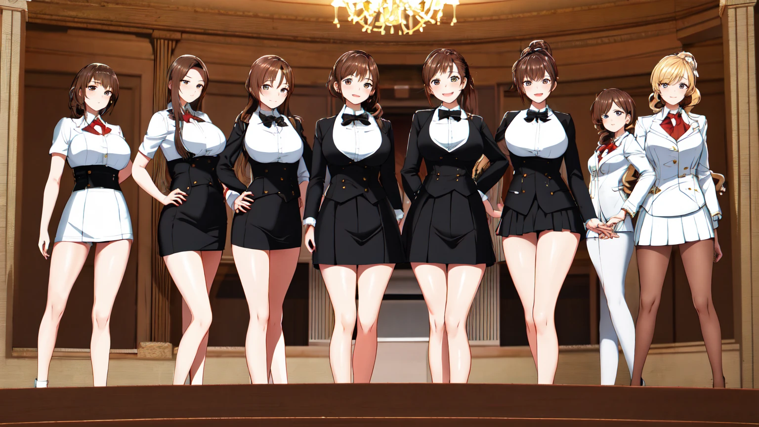 masterpiece, highest quality, High resolution, 10+girl, crowd, Identical sister, clone, An orderly line of sisters, An orderly line of sisters, Sisters standing in a line, uniform, Matching outfits, Long Hair, Curly Hair, ponytail, Matching hairstyle, Hazel Eyes, Brown Hair, Black tie, Blue ribbon, Brown Skirt, salute, smile, indoor, Group shot, whole body, Panty shot, Black high heels