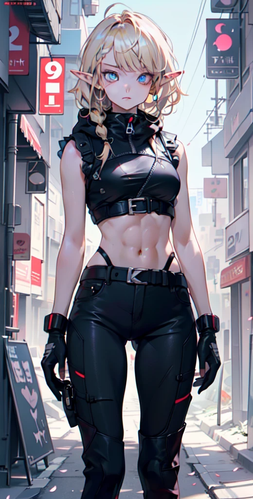 ((masterpiece)), (top quality), (best quality), ((ultra-detailed, 8k quality)), Aesthetics, Cinematic lighting, soft semi-backlit light, (detailed line art), absurdres, (best composition), (high-resolution),
BREAK,
a beautiful adult cyberpunk elf girl, wearing  a shirt with a armbands, techwear women, techwear occultist, wearing cyberpunk techwear, dystopian scifi outfit postapocalyptic vibes of the poster, wearing a stylish and edgy outfit, with a determined expression on her face, black pants, standing, looking at viewer, sleeveless hoodie, black footwear, zipper, wearing a stylish and edgy outfit, see-through, straight-on, street, sky, cherry blossoms, (magazine:1.3), (cover-style:1.3), fashionable, woman, vibrant, outfit, posing, front, colorful, dynamic, background, elements, confident, statement, accessory, majestic, coiled, around, touch, scene, text, cover, bold, title, stylish, font, catchy, headline, larger, striking, modern, trendy, focus, fashion,
BREAK,
highly detailed of (elf), (1girl), solo, perfect face, details eye, ahoge,  (braided bangs:1.3), ((long hair:1.2)), [[Messy hair]], blonde white shining hair,  blue eyes, shining eyes, (beautiful detailed eyelashes, eyeshadow, pink eyeshadow), design art by Mikimoto Haruhiko, by Kawacy, By Yoshitaka Amano,
BREAK, 
((perfect anatomy)), perfect body, Abs, medium breast, perfect hands, perfect face, beautiful face, beautiful eyes, perfect eyes, (perfect fingers, deatailed fingers), correct anatomy, perfect legs,