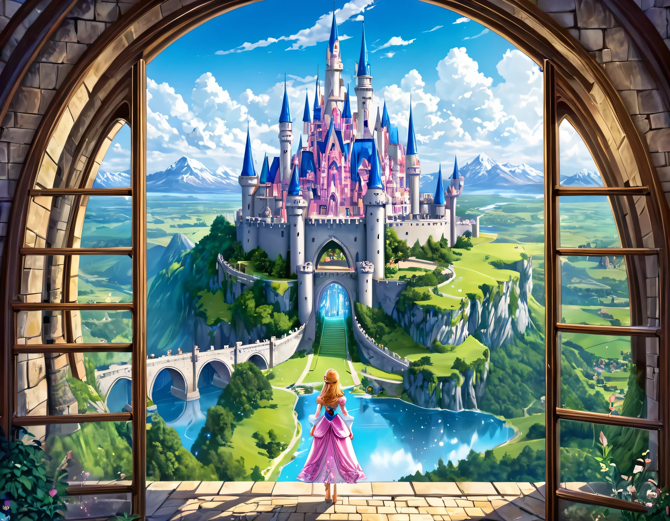 fantasy art, RPG art, a princess looking through her window at a magical castle, a beautiful human princess looking through her window to see a magical castle, an impressive best detailed castle, with towers, bridges, a moat, standing on top of a mountain colouredglazecd_xl