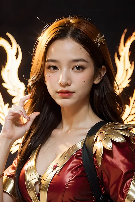 Close-up of a woman with fire and flames on her body., With fiery golden wings. of flame, With fiery golden wings., Grand fantas...