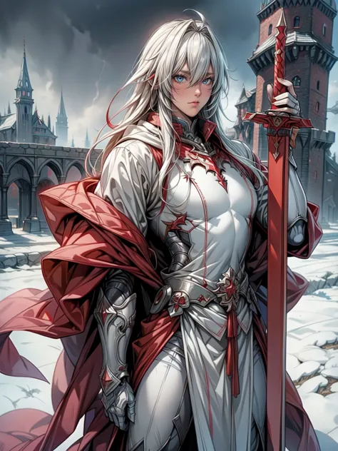 1 long-haired albino male knight, wearing red hood、wearing heavy armor and carrying a long sword、with the old castle in the back...