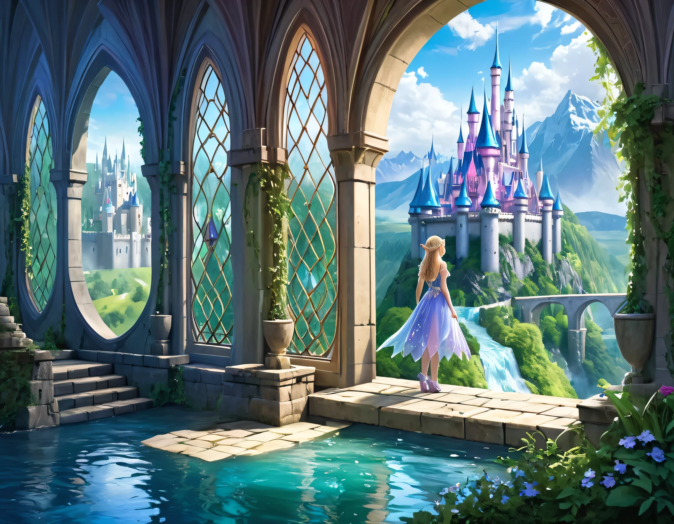 Arte De Fantasía, arte de rol, una princesa mirando por la ventana un castillo mágico, una hermosa princesa elfa mirando por su ventana para ver un castillo mágico, un impresionante castillo mejor detallado, con torres, puentes, un foso, de pie en la cima de una montaña vidriada de colores_SG, Página de estilo de Brandon Woelfel