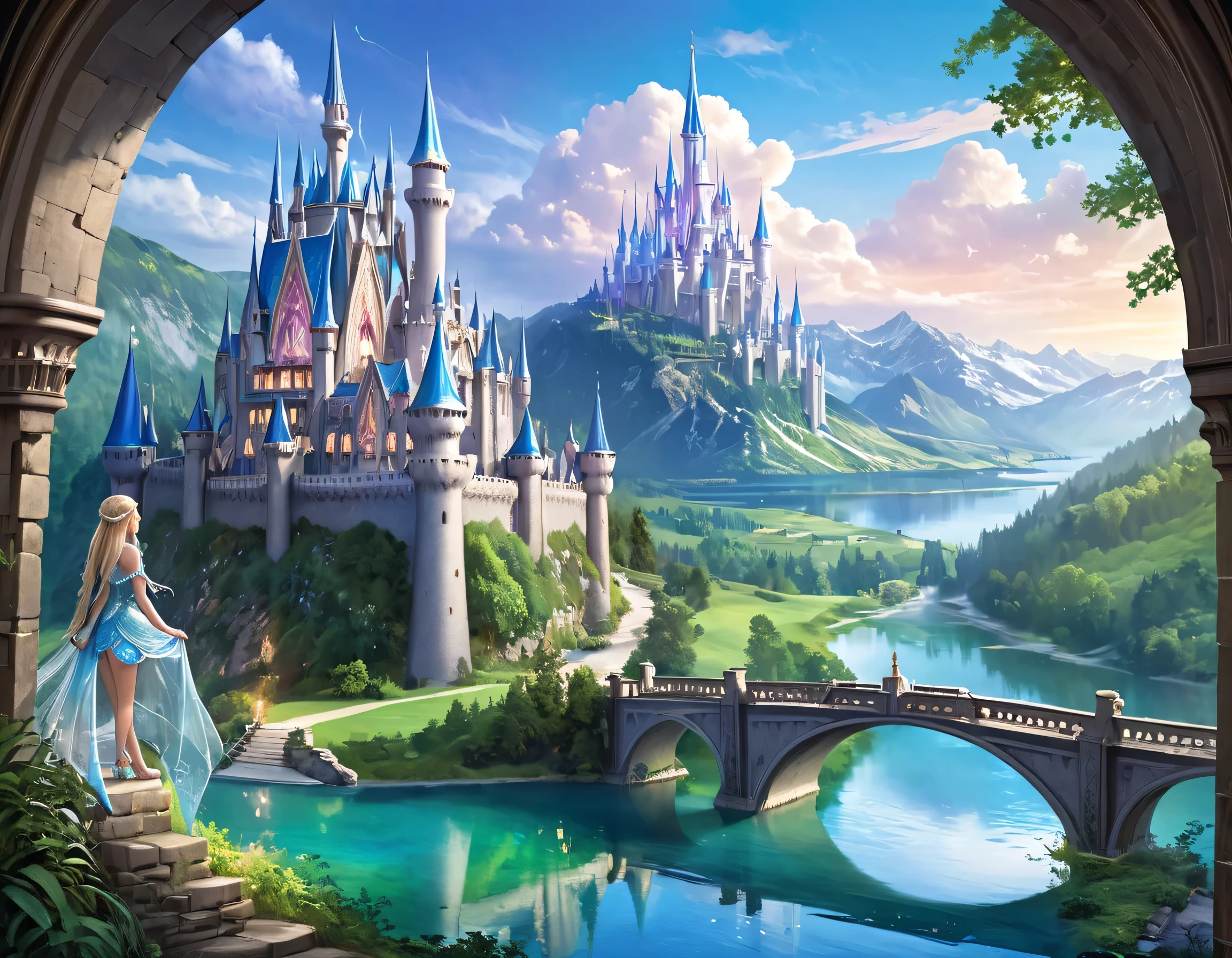 arte de fantasia, Arte RPG, uma princesa olhando pela janela para um castelo mágico, uma linda princesa élfica olhando pela janela para ver um castelo mágico, um impressionante castelo mais detalhado, com torres, pontes, um fosso, em pé no topo de uma montanha coloridaglazecd_Xl, Página de estilo de Brandon Woelfel