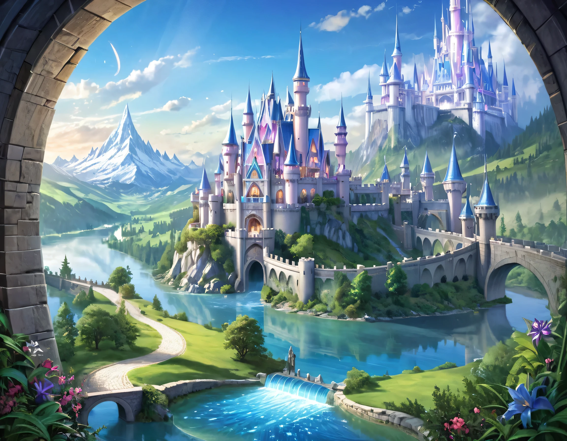 Fantasy-Kunst, RPG art, eine Prinzessin, die durch ihr Fenster auf ein magisches Schloss blickt, eine wunderschöne Elfenprinzessin, die durch ihr Fenster auf ein magisches Schloss blickt, ein beeindruckendes, detailgetreues Schloss, mit Türmen, Brücken, ein Graben, auf einem Berggipfel stehend farbig glasiert_xl, Brandon Woelfel Style page