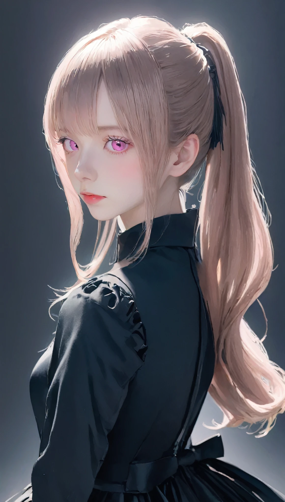 highest quality, Tabletop, High resolution, (((1 girl))), 16 years old,(((Beautiful pale pink eyes)))、Low Pony、((Black Block Dress)), Tyndall effect, Realistic, Shadow Studio,Ultramarine Lighting, Dual Tone Lighting, (Skin with attention to detail: 1.2)、Pale colored lighting、Dim lighting、 Digital single-lens reflex camera, , High resolution, 4K, 8k, Background Blur,Fade out beautifully