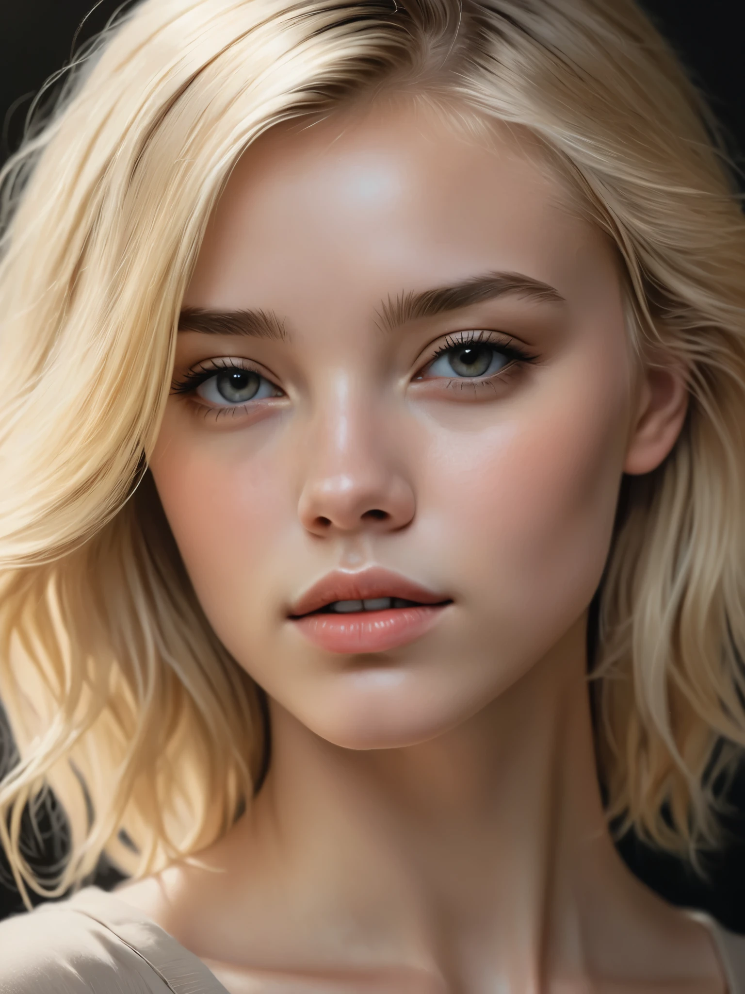 une jeune femme, blond, Thème sombre, tons apaisants, couleurs sourdes, Contraste élevé, (texture naturelle de la peau, Hyperréalisme, Lumière douce, POINTU)
