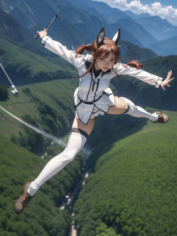 {(masterpiece,best quality, 8K UHD, extremely detailed CG, detailed beautiful face and eyes and skin and hair), (best quality face) }, {(3d ultra realistic photo graphic style:1.4)}, {(1girl free_fall from 10000m above the ground:1.2), (out of focus background:1.4)}, {1girl, 18yo, (beasts_ears),silver_red hair, medium hair, Ponytail hair with braids, forehead}, {(strike witches:1.4),(military shoes:1.2), (thigh-high socks),navel}, {(cheerful:1.3), (candid shot)}, {(bring knees forward:1.1), (inner thighs showing pose:1.2)}, (Boys Mk.I anti-armor rifle)