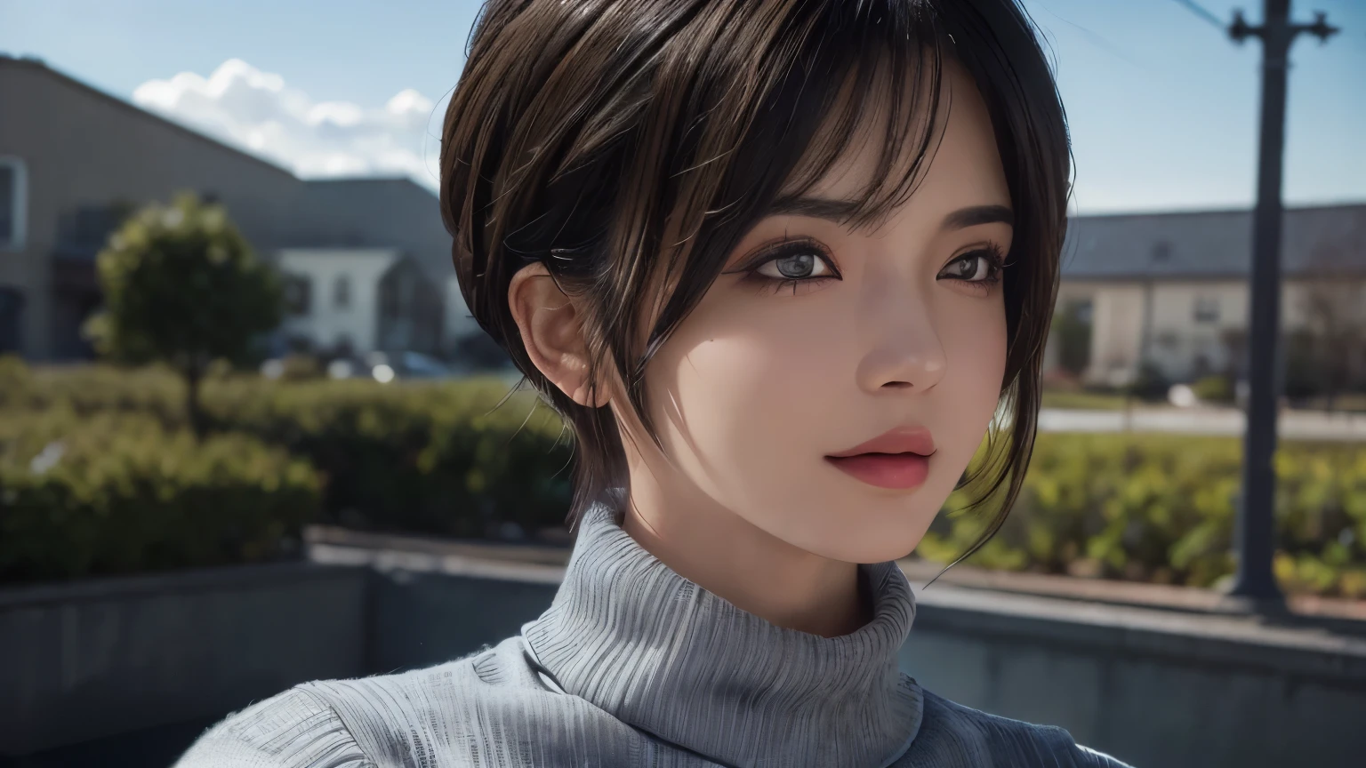 (masterpiece:1.3), (8k, Realistic, RAW Photos, highest quality: 1.4), (One girl), Beautiful Face, (Realistic Face), (Black Hair, short hair:1.3), Beautiful hairstyle, Realistic eyes, Beautiful fine details, (Realistic Skin), Beautiful Skin, (sweater), Absurd, Charm, Ultra-high resolution, Ultra-realistic, Very detailed, Golden Ratio