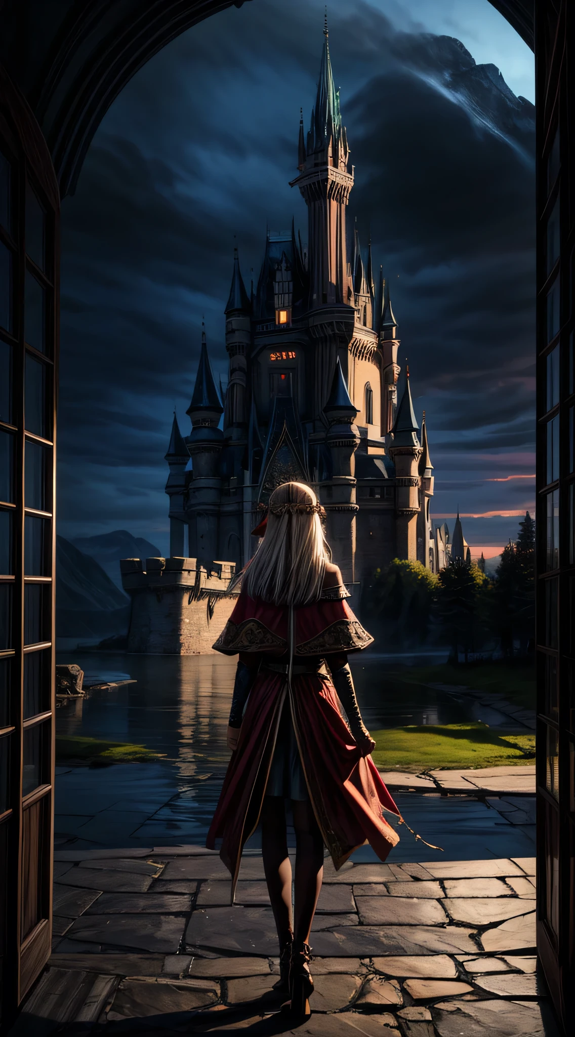 art fantastique, Art du RPG, une princesse regardant par sa fenêtre un château magique, une belle princesse elfique regardant par sa fenêtre pour voir un château magique, un château impressionnant et détaillé, avec des tours, des ponts, un fossé, debout au sommet d&#39;une montagne colouredglazecd_xl