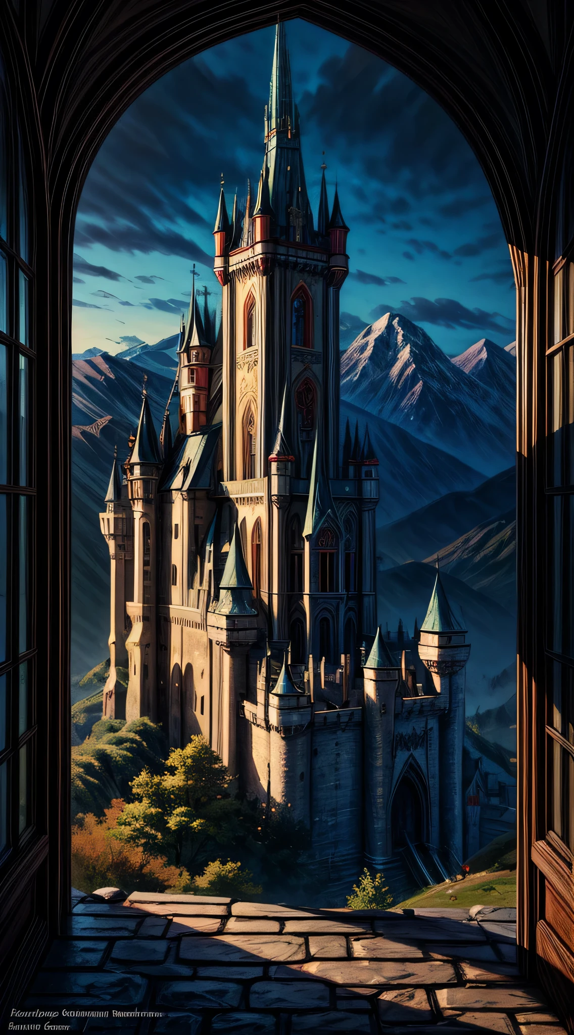 arte de fantasia, Arte RPG, uma princesa olhando pela janela para um castelo mágico, uma linda princesa élfica olhando pela janela para ver um castelo mágico, um impressionante castelo mais detalhado, com torres, pontes, um fosso, em pé no topo de uma montanha coloridaglazecd_Xl