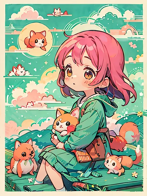 Momoko Sakura style, Kawaii Design, The most beautiful girl of all time、Chibi、Above the Clouds、Lots of animals