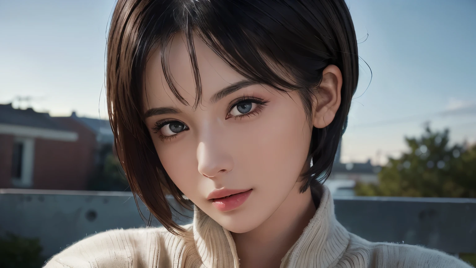 (masterpiece:1.3), (8k, Realistic, RAW Photos, highest quality: 1.4), (One girl), Beautiful Face, (Realistic Face), (Black Hair, short hair:1.3), Beautiful hairstyle, Realistic eyes, Beautiful fine details, (Realistic Skin), Beautiful Skin, (sweater), Absurd, Charm, Ultra-high resolution, Ultra-realistic, Very detailed, Golden Ratio