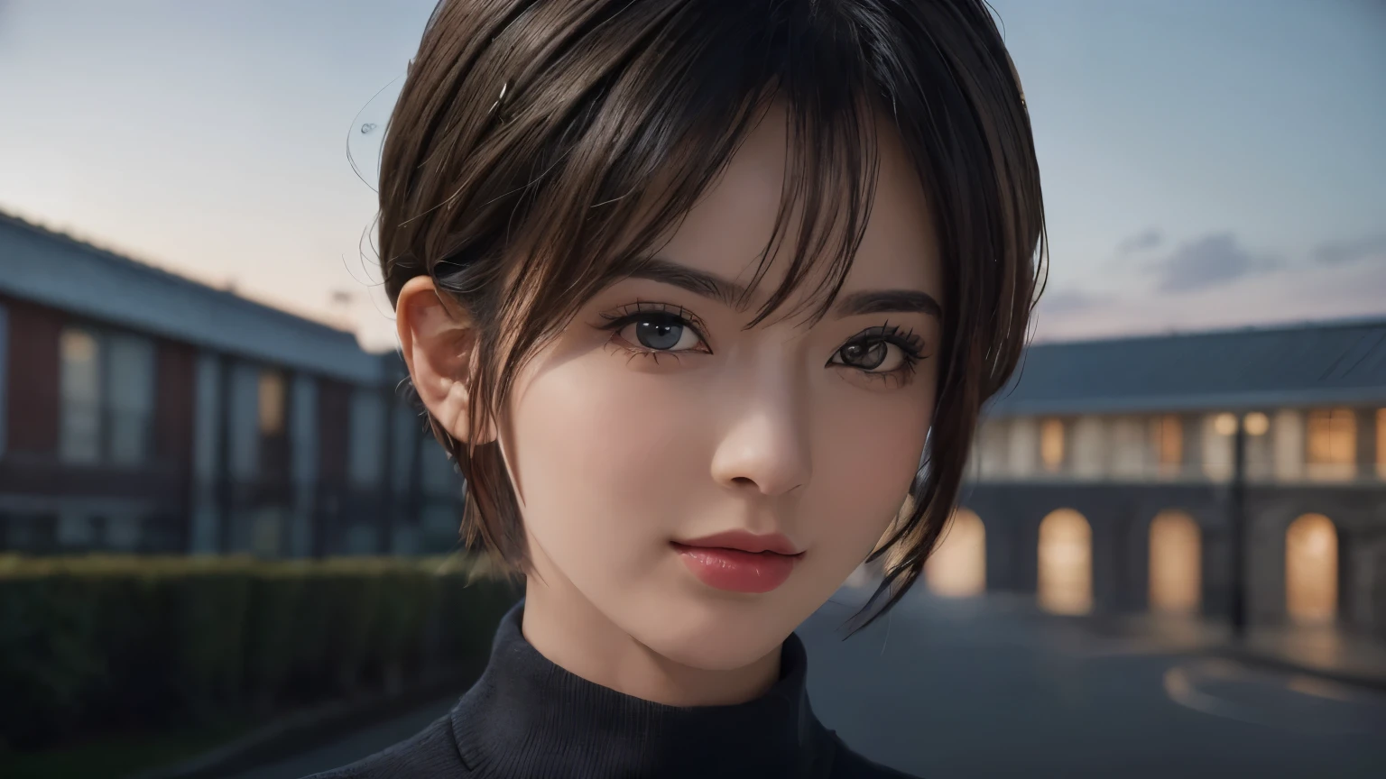 (masterpiece:1.3), (8k, Realistic, RAW Photos, highest quality: 1.4), (One girl), Beautiful Face, (Realistic Face), (Black Hair, short hair:1.3), Beautiful hairstyle, Realistic eyes, Beautiful fine details, (Realistic Skin), Beautiful Skin, (sweater), Absurd, Charm, Ultra-high resolution, Ultra-realistic, Very detailed, Golden Ratio